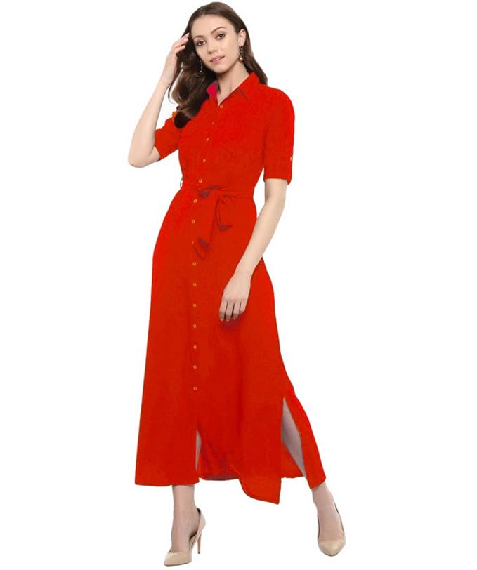 Red Women’s Shirt Maxi Dress